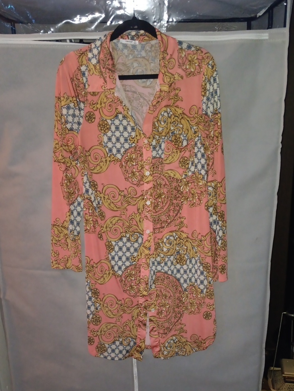 Pink Baroque Print Button-Front Tunic   Shirt Dress